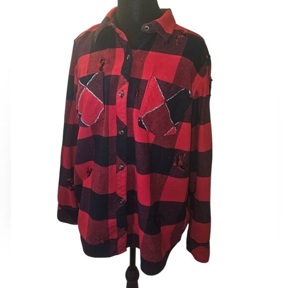 Rock and Roll Distressed Red & Black Buffalo Plaid Flannel Natural Reflections L - Picture 1 of 9
